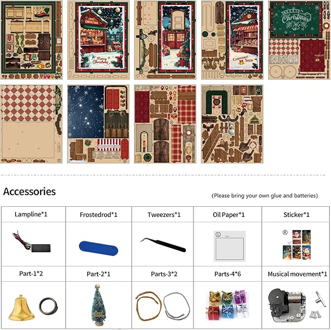 Christmas Shop,Book Nook Kit for Adults: Wooden 3D Puzzle DIY Miniature House Kit Tiny House with Lights and Music,Dollhouse Craft for Adults, Teens & Beginners,Gift for Family, Friends