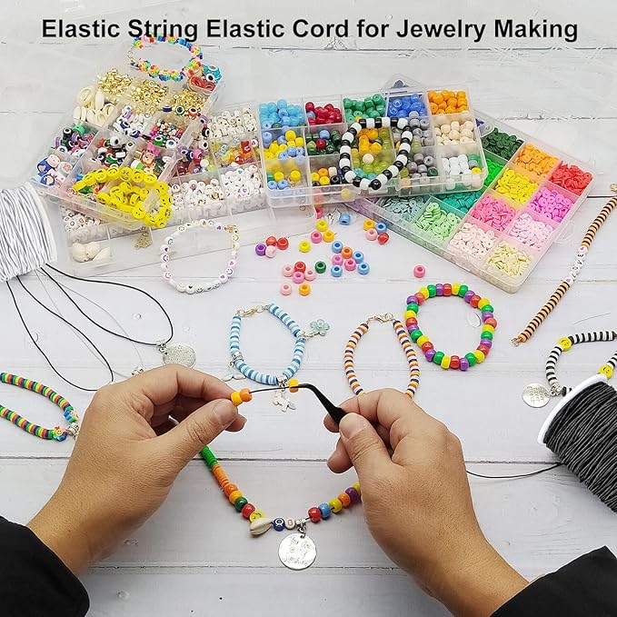 Stretchy String for Bracelets, 2 Rolls 1 mm Sturdy Elastic String Elastic Cord for Jewelry Making, Necklaces, Beading (Black)