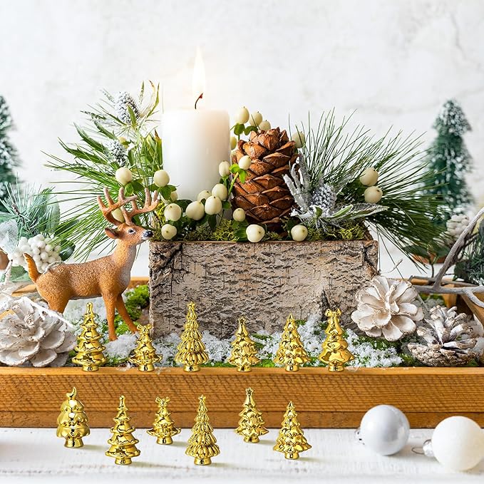 Thyle 140 Pcs Mini Golden Christmas Trees for Xmas Decorations Christmas Vase Filler Small Golden Xmas Tree Statue for Home Table Scatters Favor Vase Filler
