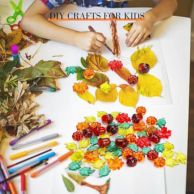 DomeStar 120PCS Fall Decorations Acrylic Pumpkin, Fall Sensory Bin Filler Vase Gems Plastic Leaves Acorns Maple Leaves for Crafts Thanksgiving Decor