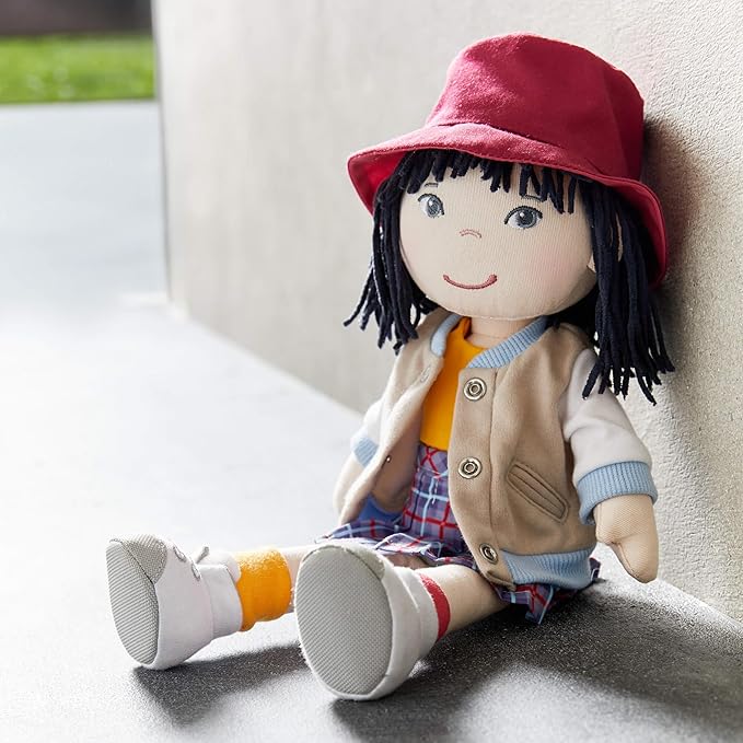 HABA 12" Soft Doll Yuki with Black Hair, Embroidered Face, Stylish Bucket Hat and Clothes - Washable Toddler Baby Doll for 18 Months+