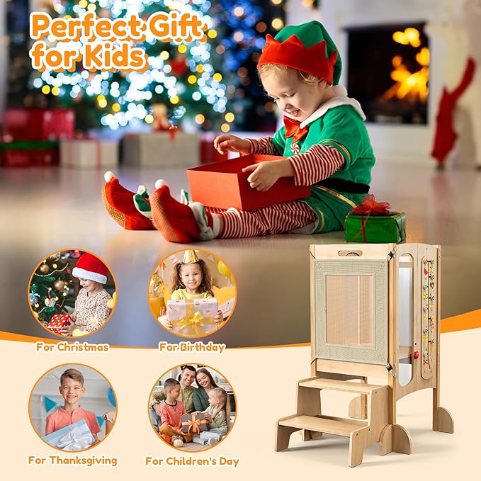 FlyingBoom Toddler Standing Tower, Foldable Kitchen Stool Helper with 2 Step Stool, Toddler Tower for Kids with Safety Net, Adjustable Height, Chalk-Whiteboard &Montessori Activity Games