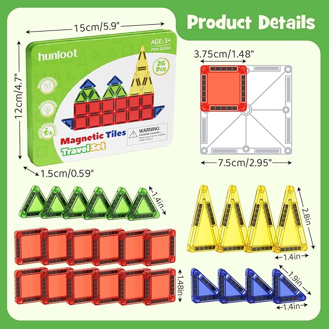 Mini Magnetic Tiles - 26PCS Travel Magnetic Building Set with Storage Iron Box,STEM Educational Toys for Kids Ages 3+ ,Portable Construction Toys for Toddlers, Boys & Girls