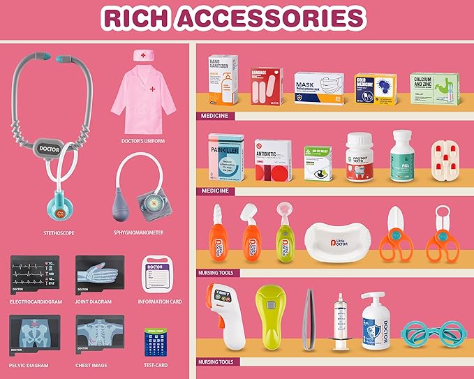 Doctor Kit for Toddlers - Deluxe Pretend Play Medical Cart Toy Set with Stethoscope ,Thermometer,Doctor Costume & Carry Bag - Educational Role Play Gift for Kids Boys & Girls Ages 3 4 5(Pink)