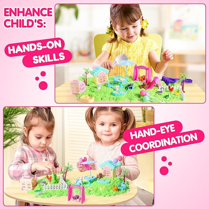 Billeeit Pet Sensory Bin Sand Toy with 2.2lbs Green Magic Sand, Dog & Cat Play Sand Kit for Boys and Girls Including 28pcs Accessories Total, Sand Box Toys Gift for Kids 3+ Indoor Creativity