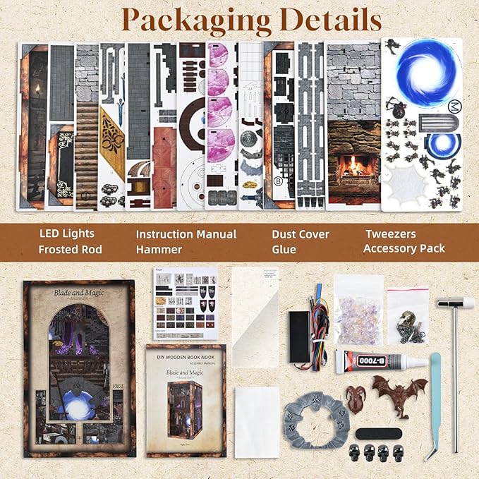 Book Nook Kit, DIY Miniature Dollhouse Booknook Kit, 3D Wooden Puzzle Bookend Bookshelf with LED Light for Adults Teens (Blade and Magic)