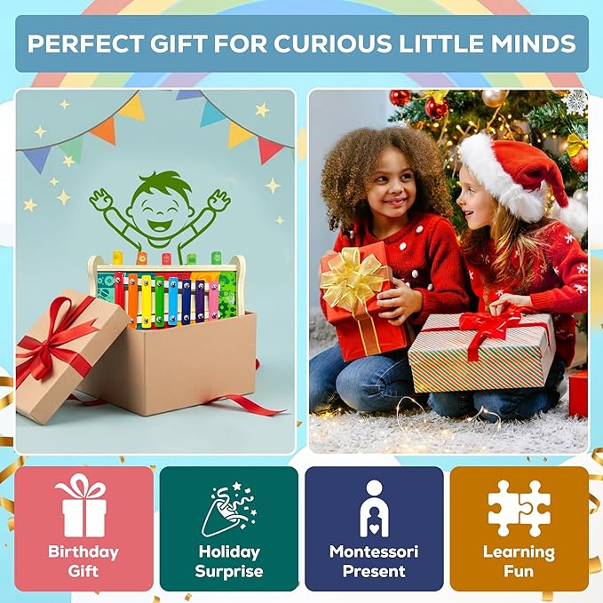 Montessori Wooden Hammering Toy β 6-in-1 Xylophone, Pound Bench, Shape Sorter & Learning Tool for Toddlers | Educational Musical Toy for Boys & Girls Ages 1β5 | Develops Motor Skills & Sensory Play