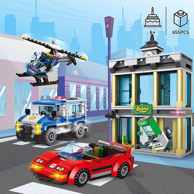 City Police Bank Building Sets, Compatible with Lego Police Bank, Includes Car, Bank, Helicopter, Police Chase Building Blocks Toy Set Gift for Kids 6 Plus Years Old(655 PCS)