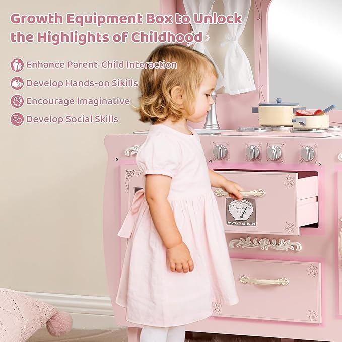 Kids Kitchen playset,Wooden Play Kitchen with Realistic Design,Kids Play Kitchen with Plenty of Play Features,Fine Gift for Ages 3+,Pink