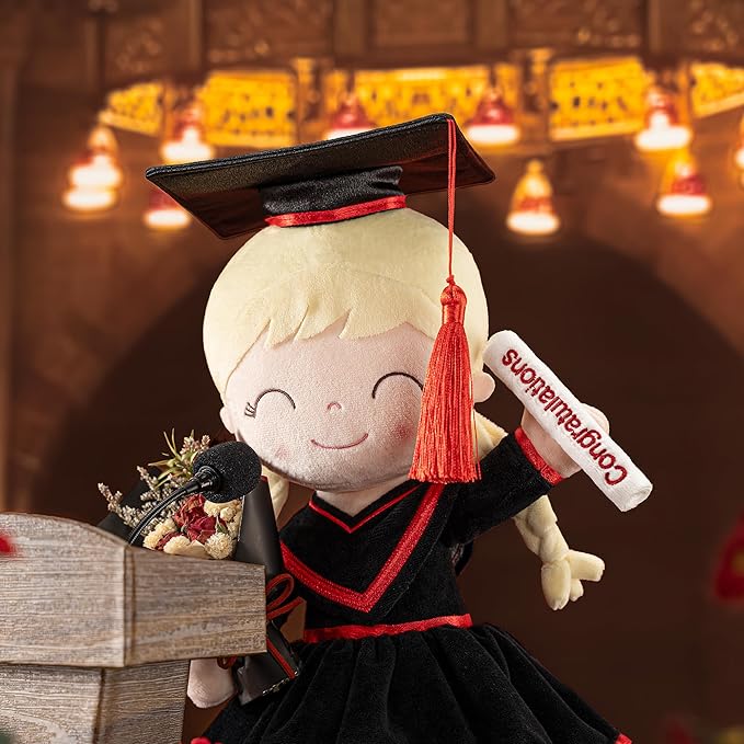 Gloveleya Graduation Plush Doll β 16 Inch Baby Girl Gift with Cap & Gown, Keepsake Congratulation Present for Kindergarten & School Graduation, Soft Cloth Doll with Gift Bag