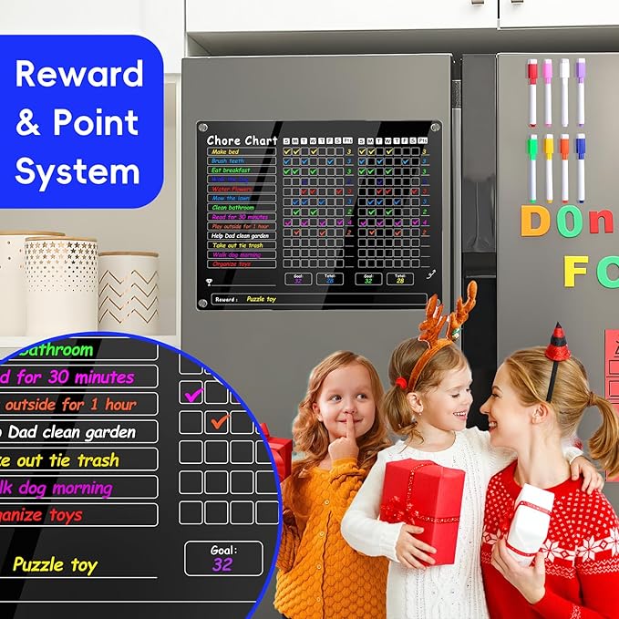 Acrylic Magnetic Chore Chart for Kids Multiple Kids,15"x11.8" Clear Dry Erase Reward Chart -Behavior and Responsibility Refrigerator Board for at Home Kids, Teens(w/ 8 Markers & Towel)