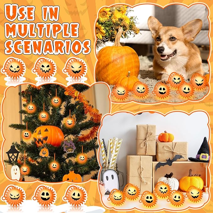 Sotiff 60 Pcs LED Halloween Pumpkin Stress Bouncy Light up Balls Spiky Squeaky Rubber Sensory Ball for Halloween Holiday Decors Gift Bag Stuffers Party Favor Fillers