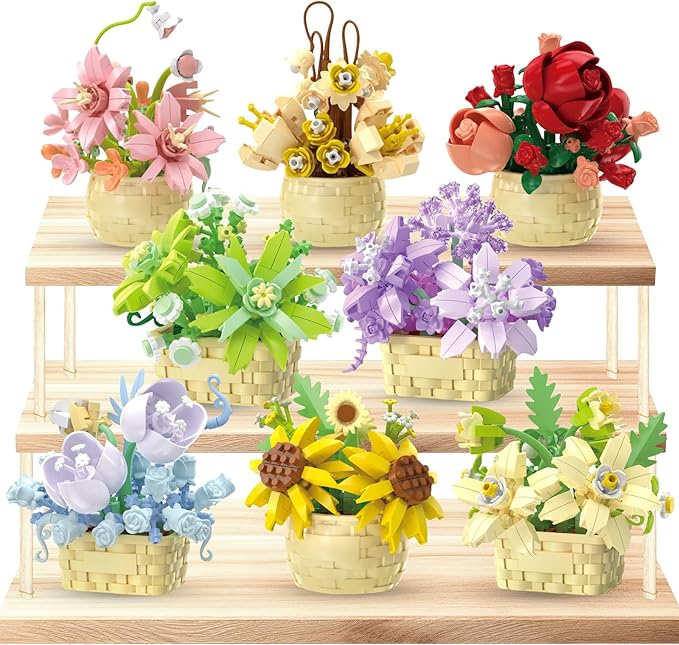 8 Pieces Flower Block Set, Plant and Succulent Toys,Birthday Gift for Women and Girls As a Decoration or Adult Block Toy