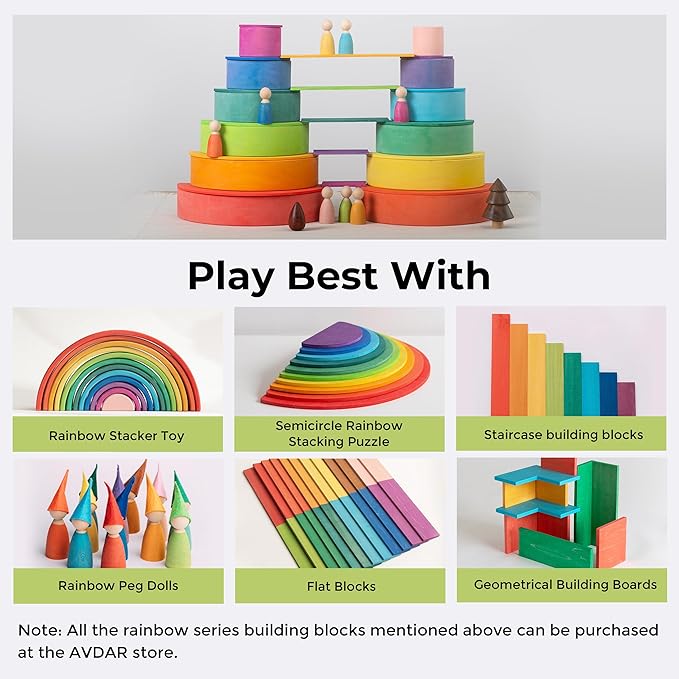 AVDAR Wooden Rainbow Stacking Toy, 11Pcs Wood Rainbow Stacker Geometrical Building Boards, Colorful Montessori Educational Toys for Boys Girls Gifts