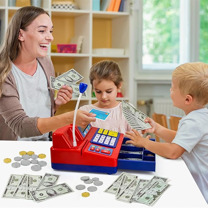 Calculator Cash Register Toy Gift for Kids Age 3, 4, 5, 6, 7, 8+ Year Old, 103 Pcs Grocery Store Playset with Microphone, Credit Card, Cash Register for Toddlers Kids 4-8