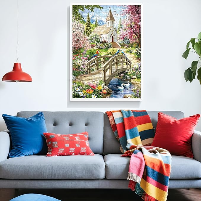 Puzzles for Adults 500 Pieces,Charming Lakeside Church Puzzle for Adults,Beautiful Flower & Parrot Jigsaw Puzzles for Kids Seniors Teens,Puzzles for Family Game Nights & Holiday Party Gifts,20.5x15 In