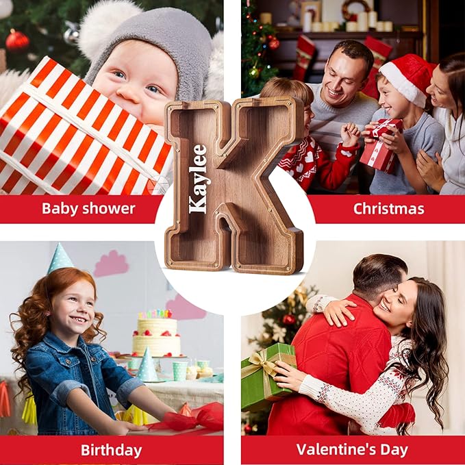 Summidate Large Wooden Piggy Bank for Kids Adults, Alphabets Letter A-Z Piggy Bank for Boys Girls, Coins Bills Change Bank Box Personalized Initial Name Kids Money Bank for Birthday Present and Decor