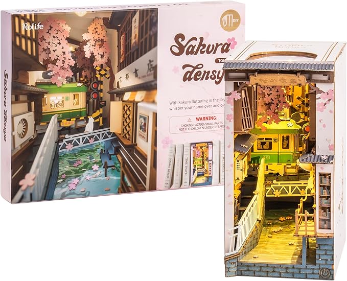 Rolife DIY Book Nook Kit 3D Wooden Puzzle for Adults 8.7" Bookshelf Indert Decor with LED Miniature Dollhouse Kit Bookend Crafts Diorama Hobbies Gifts for Boys Girls (Sakura Densya)