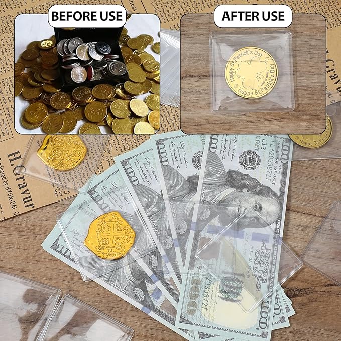 200Pcs Single Pocket Coin Flips Coin Sleeves Holders Clear PVC Coin Protectors Individual Plastic Coin Holders for Coin Currency Bills Collectors Protector (2.2 x 2.2 Inch) (Rectangular) 