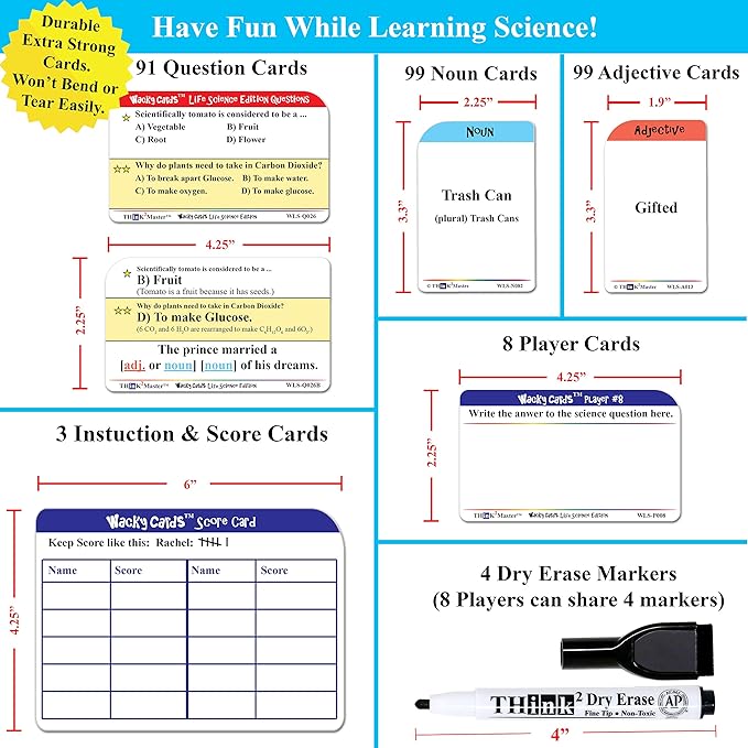 Think2Master Wacky Cards Life Science. Science Card Game for Families & Classroom. Make Hilarious Sentences While Learning About Life Science. Multi Leveled. Kids & Adults can Play Together.