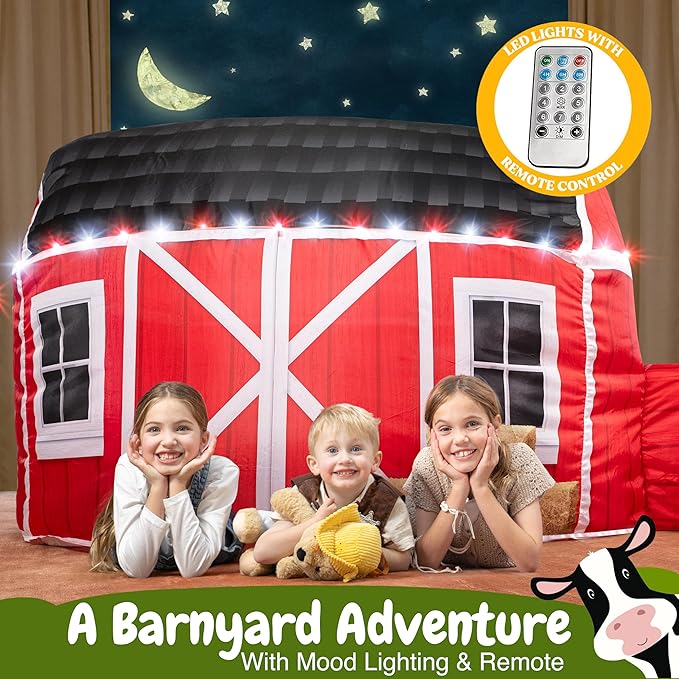 W&O Farmhouse Barn Aerodome with LED Lights & Farm Sound Button โ Inflatable Farm Play Tent โ Kids Play Tent Indoor โ Sets Up in Seconds for Ages 3-12 (Fan Not Included)