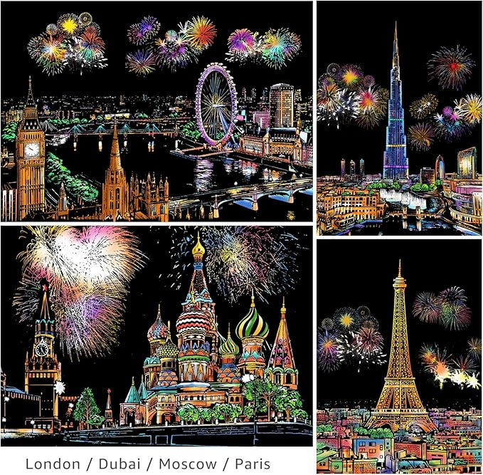 Rainbow Scratch Art Painting Paper (A4) for Adult & Kids, Night View Scratchboard, Engraving Art Set: 4 Sheets Scratch Cards & Clean Brush, Drawing Pen (Eiffel Tower/Big Ben/Moscow/Burj Khalifa)