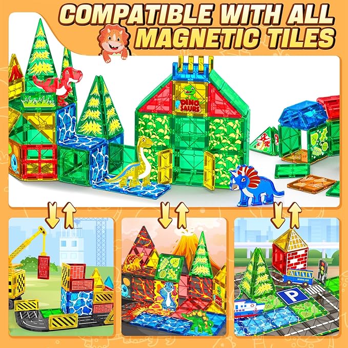 Magnetic Tiles Dinosaur Toys for Kids 3-5 4-8 Magnet Building Blocks Toddler Toy - Dino World Magnetic Toys STEM Creative Games Christmas Birthday Gifts for 3+ Years Old Boys Girls