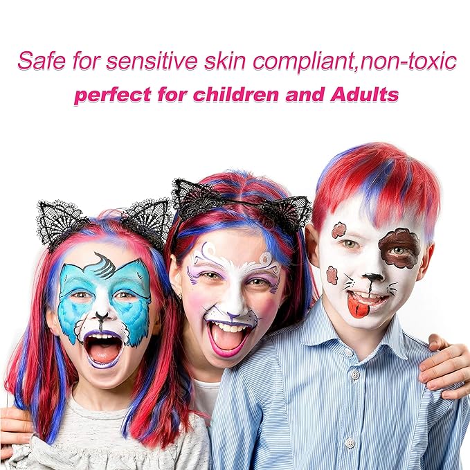Maydear 48-Color Face Paint Kit for Kids β Washable Makeup with Neon & Metallic Shades, Brushes, Stencils, Rainbow Strip, Hair Extensions & Nail Stickers for Parties & Halloween