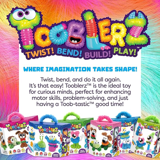 WeVeel TOOBLERZ Cute Critters Large Set – 26-Piece Mix-and-Match Craft Kit for Kids – Includes Fuzzy Chenille Sticks, Fidget Tubes & Character Accessories – Creative Toy for Ages 6+
