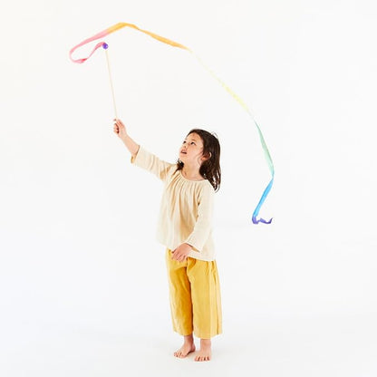 Sarah's Silks Rainbow Streamer - 8' Long Ribbon Wand for Kids, Pretend Play, Dance, Baton Stick Twirling, and Gymnastics Party Favors | 100% Silk and Wood Montessori and Waldorf Toys