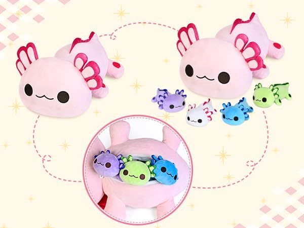 KMUYSL Axolotl Plush Toys for Ages 0 1 2 3 4 5 6 7 8+ Year Old Boys Girls- Axolotl Mommy Stuffed Animal with 4 Baby Axolotls in Her Tummy, Christmas Birthday Gifts for Baby, Toddler, Kids