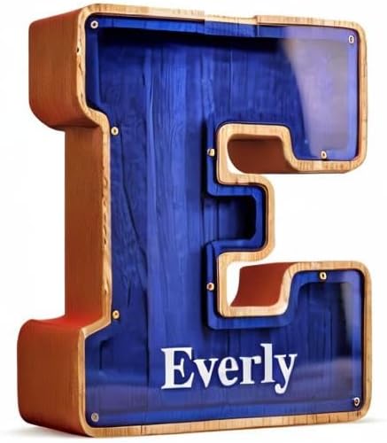 Summidate Customized Name Large Wooden Piggy Bank for Kids Boys Girls Alphabets Letter A-Z Coins Bills Money Change Bank Box Initial on Clear Cover (Laser Engraved) (Alphabet-A, Personalized-9")