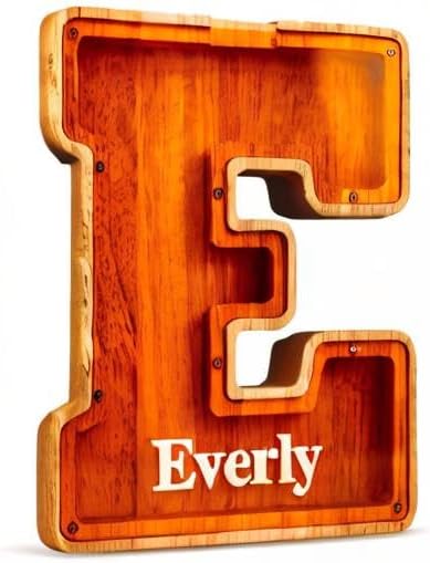 Summidate Customized Name Large Wooden Piggy Bank for Kids Boys Girls Alphabets Letter A-Z Coins Bills Money Change Bank Box Initial on Clear Cover (Laser Engraved) (Alphabet-P, Personalized-9")