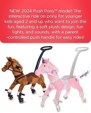 Power Pony Ride On Unicorn Riding Toy for 2+ Kids - Power Ponies Push Pull Kids Ride On Pony for Toddlers with A Removable Parent - Controlled Push Handle for Easy Rides, Pink, Grace
