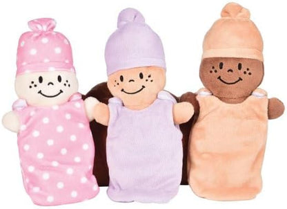 Creative Minds Basket of Babies with 3 Super Soft 9" Plush Doll Toys for Babies and Kids, Plush Multicultural Sensory Babies Toy Set with Basket, Orange, Purple, Pink
