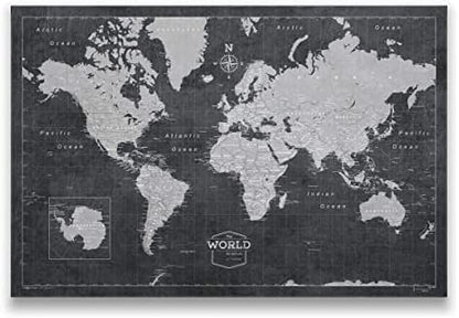 Conquest Maps World Travel Map with Pins Modern Slate Style Push Pin Travel Map Cork Board, Track Your Travels w/a Handmade Unique Canvas Pinable Map (48" x 32")