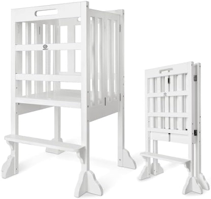 WOOD CITY Kitchen Step Stool Helper - Montessori Foldable Standing Tower for Toddlers with Safety Rail, Height Adjustable Ideal Helper for Learning New Skills, Natural Pure Pine Wood (White)
