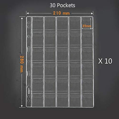 30 Pocket Coin Pages, 10 Sheets Plastic Coin Holders Stamp Collector Supplies for Coin Stamp Currency Collection
