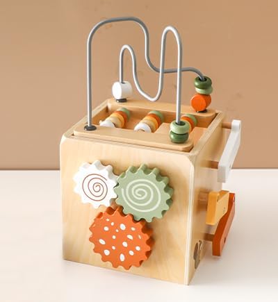 Wooden Activity Busy Cube Montessori Toys, 6-in-1 Activity Center Baby Bead Maze Toys, Sensory Shape Sorter Blocks, Toddler Boys Girls First Birthday Gift