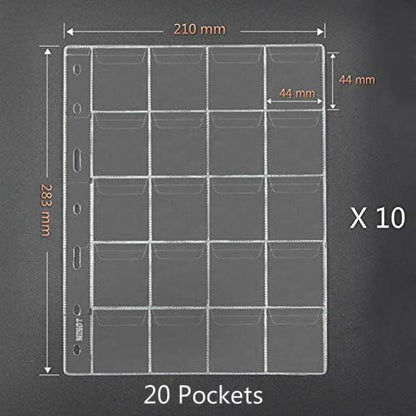 20 Pocket Coin Pages, 10 Sheets Plastic Coin Holders Stamp Collector Supplies for Coin Stamp Currency Collection