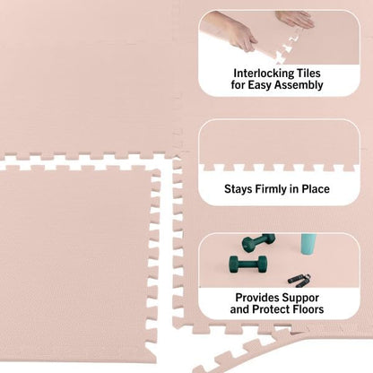 Foam Floor Tiles - 24sqft Soft Nontoxic Baby Play Mat - Interlocking Puzzle Mat for Baby, Kids Playroom, or Home Gym Flooring by Stalwart (Light Pink)