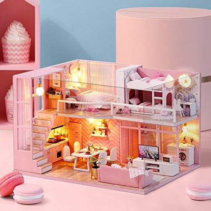 CUTEROOM DIY Miniature Dollhouse Kit with Furniture,Wooden Doll House with Music Movement & LED Lights,DIY House Kit Christmas Birthday Gifts -Dream Angel