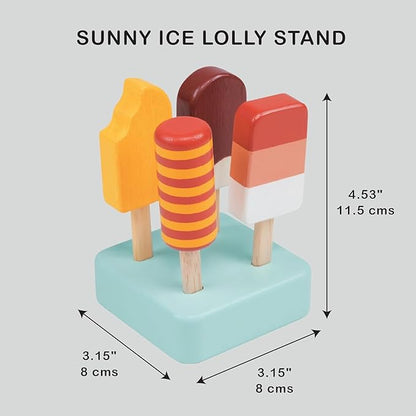 Mentari Toys - Sunny Ice Lolly Stand - 5pc Wood Ice Lolly Popsicle Play Food Set with Base - Pretend Play Food Accessories - Encourage Role Play and Develop Social Skills - Gift for Toddlers - Age 2+