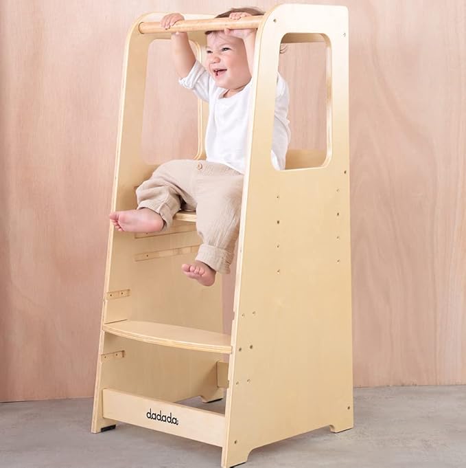 dadada Baby Montessori Toddler Tower - Adjustable Kitchen Step Stool for Kids with Safety Rail - Baby-Safe Finish, Encourages Cooking Skills and Independence - Natural
