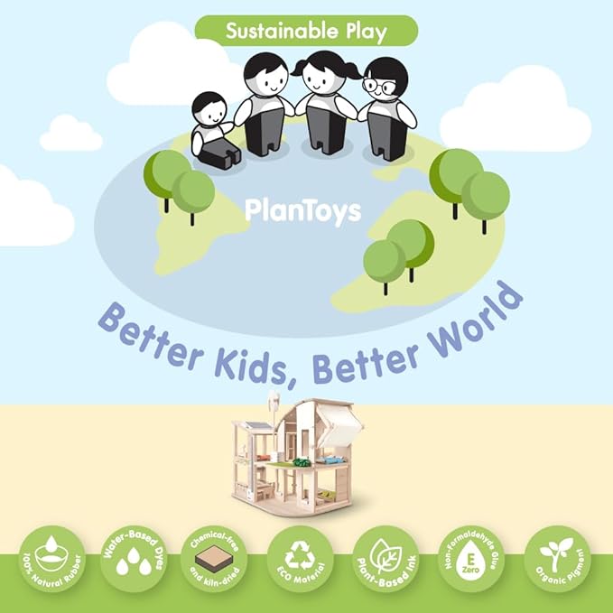 PlanToys Green Wooden Dollhouse with Furniture - Chemical-Free Green Toy Featuring 18 Wooden Furtniture Set