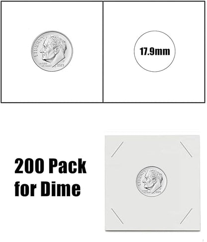 MUDOR Upgraded Premium Coin Flips for Dime, 200 Pack Cardboard Coin Holder, Mylar Coin Flips 2x2, Paper Coin Holders