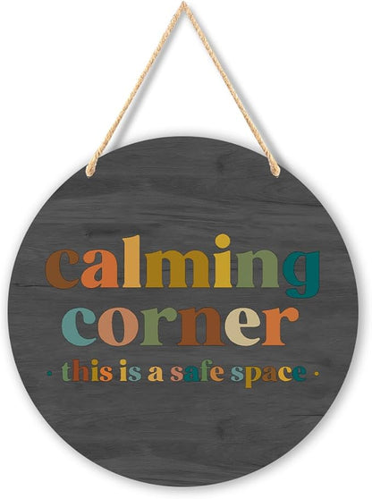 Calming Corner Hanging Wood Sign Plaque - Safe Space Classroom Decor, School Counselor Office Decor, Calm Down Corner Decorations For Classroom Preschool, Boho Classroom Decor, 10x8 (Roundness Gray)