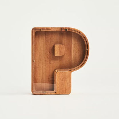 Personalized Wooden Piggy Bank – Custom Letter P Coin Bank in Beech Wood with Clear Acrylic Front, Engraved Name Option, Money Saving Box for Kids and Adults