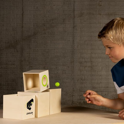 Fat Brain Toys Box and Balls, Wooden Activity Cubes and Bouncy Balls for Kids, Fun New Trickshot Games for Ages 6 to 11