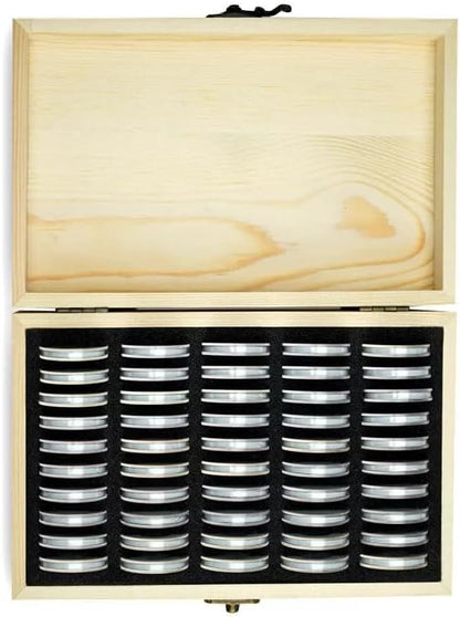 50pcs Coins Capsules for 18/21/25/27/30mm Coins w/Wood Display Storage Box Case